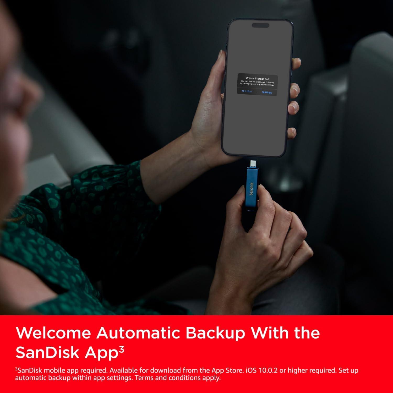 imageSanDisk 128GB Phone Drive for iPhone Works with iPhone 15 and Newer USBC Connector and iPhone 14 and Older Lightning Connector Metallic Sky  SDIXD0N128GGN6N64GB