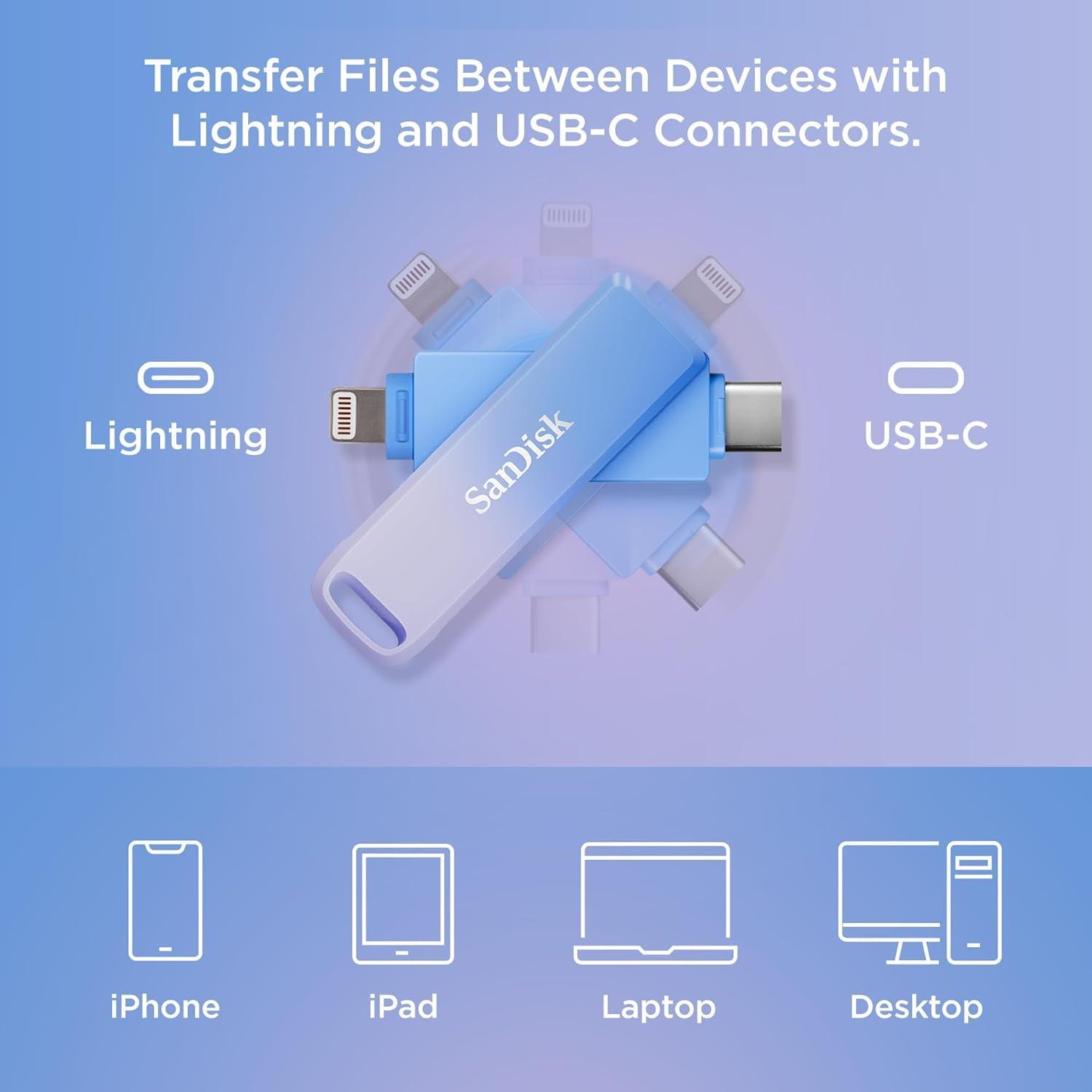 imageSanDisk 256GB Creator Phone Drive  for iPhone iPad Laptop ampamp Mac  Includes USB TypeC and Lightning Connectors  Automatic Backup 3 Months of Adobe Lightroom Included  SDIXD0N256GGN6TPPhone Drive
