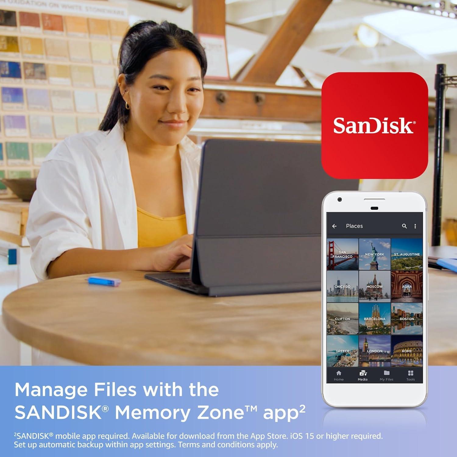 imageSanDisk 256GB Creator Phone Drive  for iPhone iPad Laptop ampamp Mac  Includes USB TypeC and Lightning Connectors  Automatic Backup 3 Months of Adobe Lightroom Included  SDIXD0N256GGN6TPPhone Drive