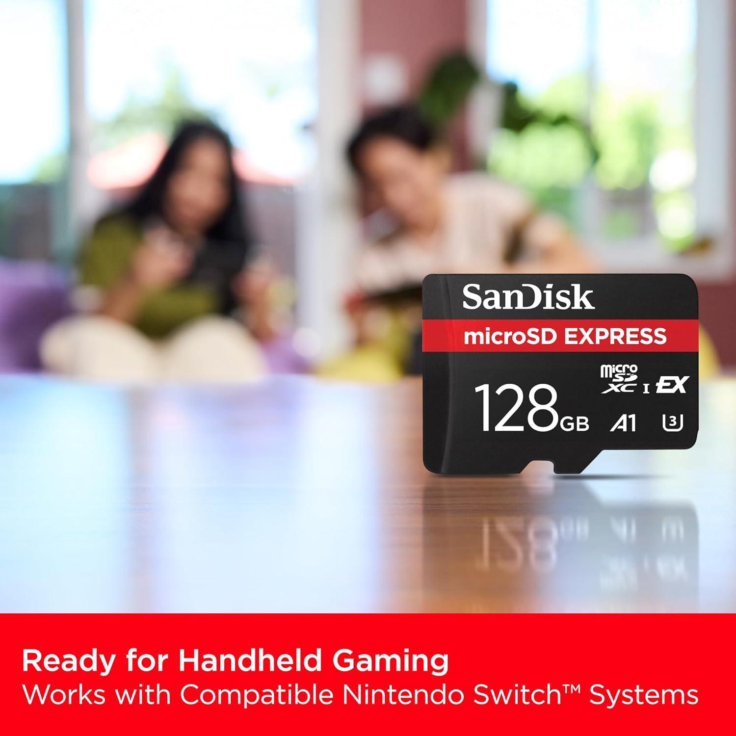 imageSanDisk 128GB microSD Express Card  Works with NintendoSwitch 2 Up to 880MBs Read Up to 480MBs Write 100MBs Sustained Write U3 C10  SDSQXFN128GGN4NN
