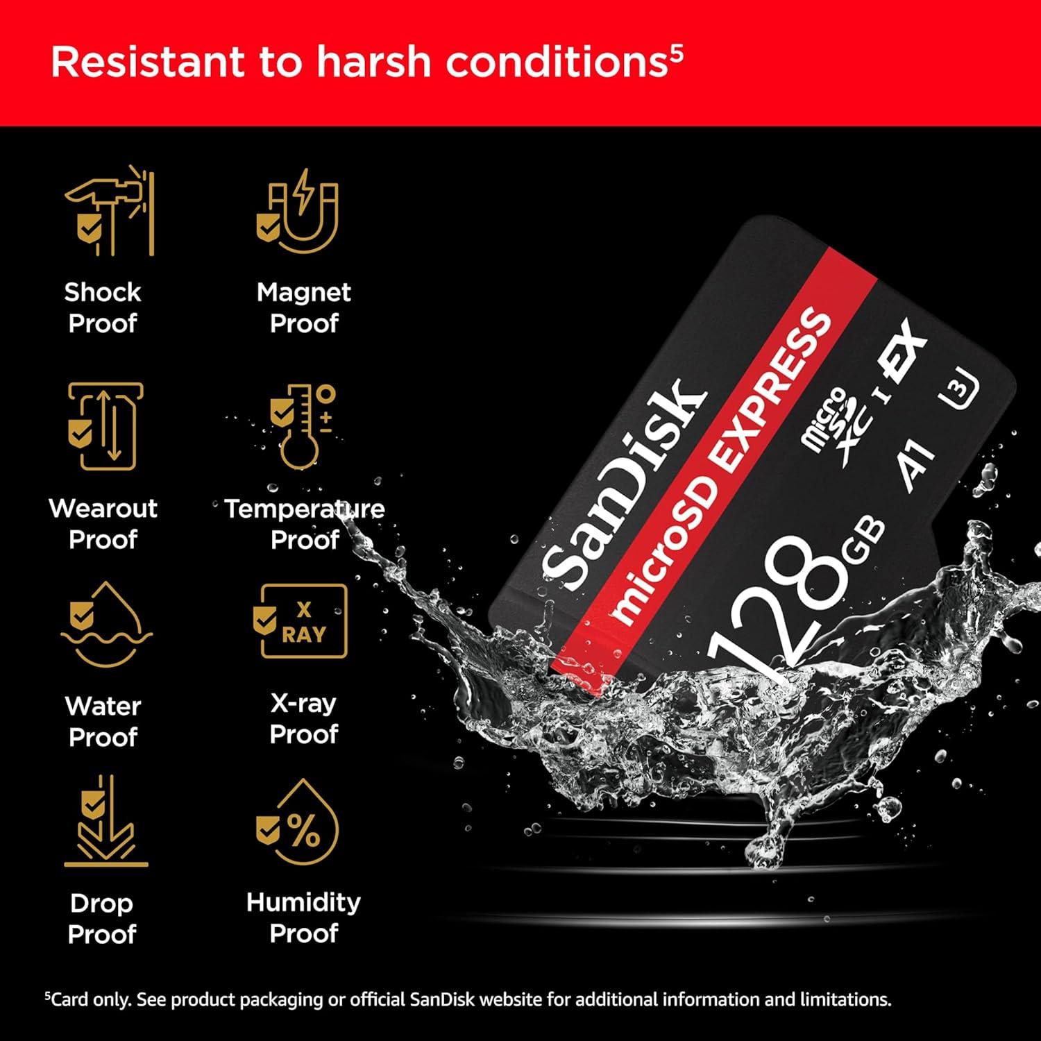 imageSanDisk 128GB microSD Express Card  Works with NintendoSwitch 2 Up to 880MBs Read Up to 480MBs Write 100MBs Sustained Write U3 C10  SDSQXFN128GGN4NN