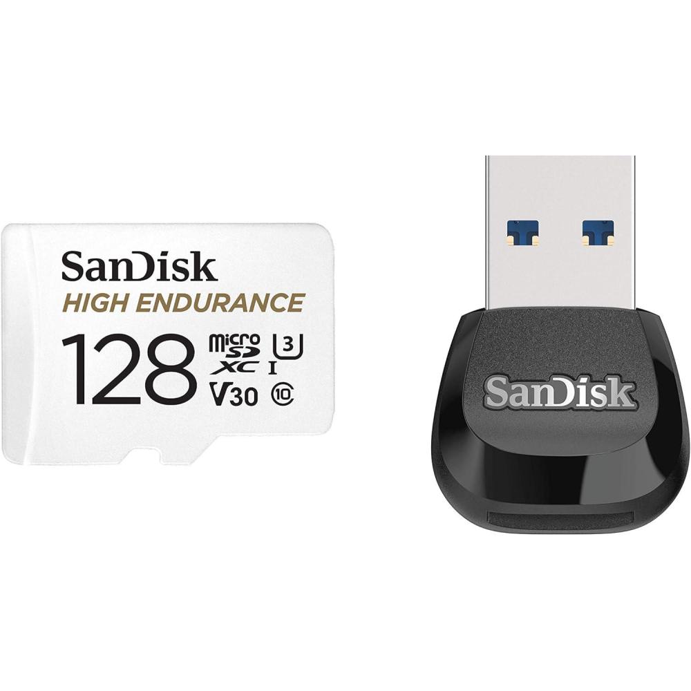 imageSanDisk 128GB High Endurance Video MicroSDXC Card with Adapter for Dash Cam and Home Monitoring Systems and SanDisk MobileMate USB 30 MicroSD Card Reader