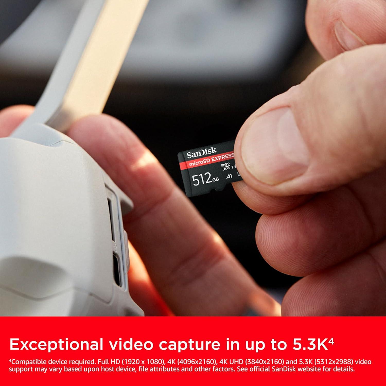 imageSanDisk 512GB microSD Express microSD Card  Up to 880MBs Read Up to 650MBs Write 220MBs Sustained Write U3 C10  SDSQXFN512GGN4NN