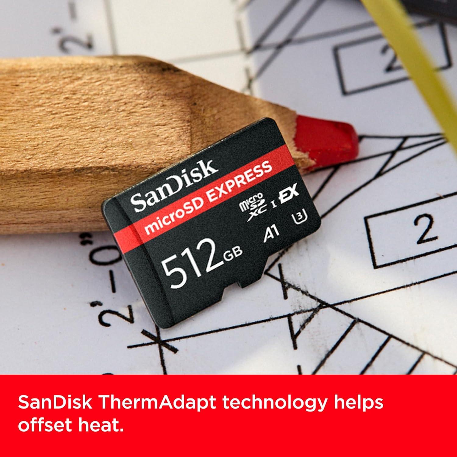 imageSanDisk 512GB microSD Express microSD Card  Up to 880MBs Read Up to 650MBs Write 220MBs Sustained Write U3 C10  SDSQXFN512GGN4NN
