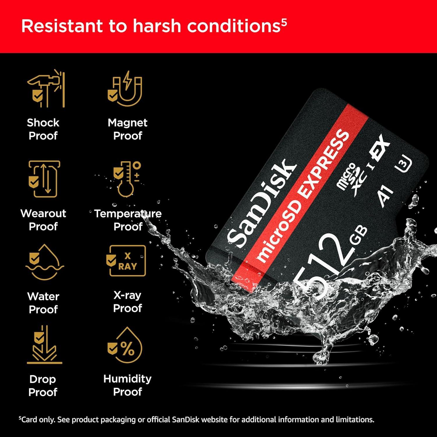 imageSanDisk 512GB microSD Express microSD Card  Up to 880MBs Read Up to 650MBs Write 220MBs Sustained Write U3 C10  SDSQXFN512GGN4NN